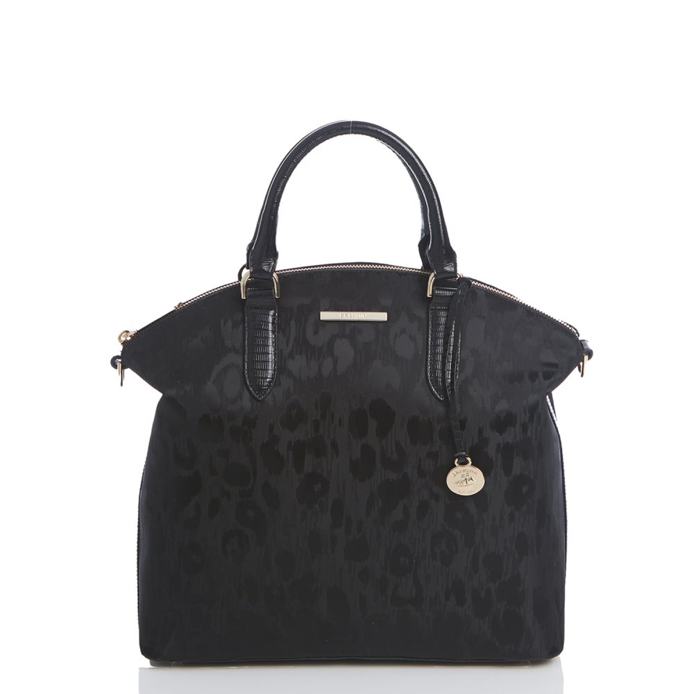 Brahmin Large Duxbury Satchel | Black Leather Leopard Purse